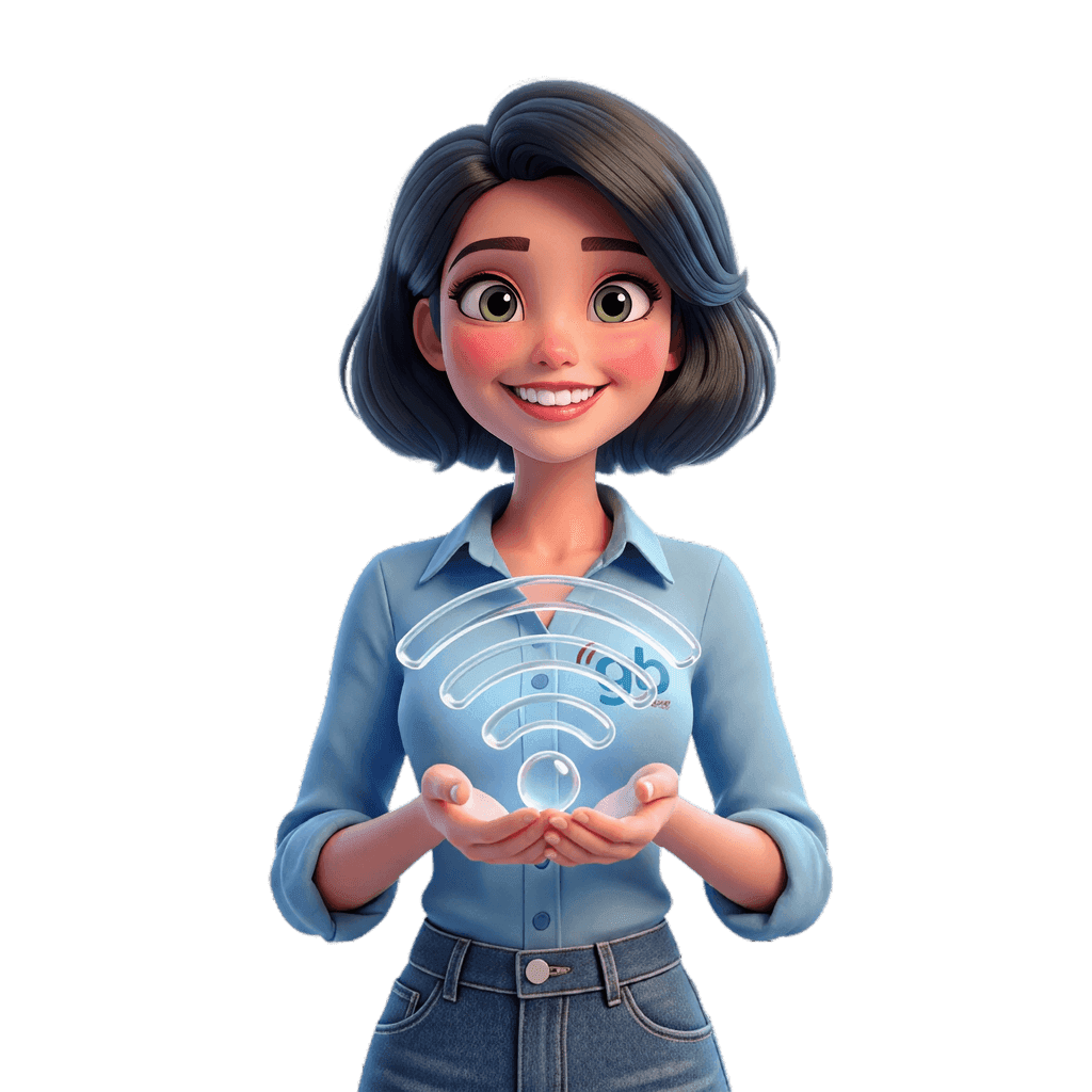 Gabi, da GB Online, segurando um símbolo de Wi-Fi nas mãos